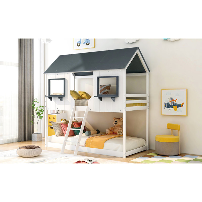 Lit superposé simple en bois massif (blanc) - Barrière de sécurité pour économiser de l'espace avec maisonnette
