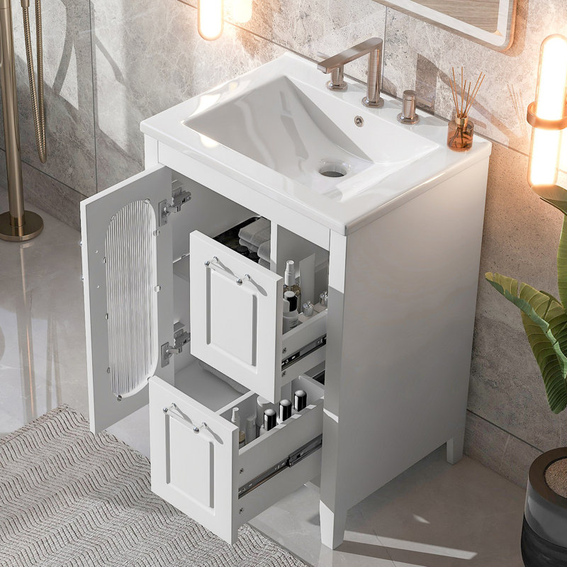 Meuble-lavabo 24 po avec lavabo, meuble-lavabo avec deux tiroirs et porte, tablette réglable, bois massif et panneau de fibres à densité moyenne