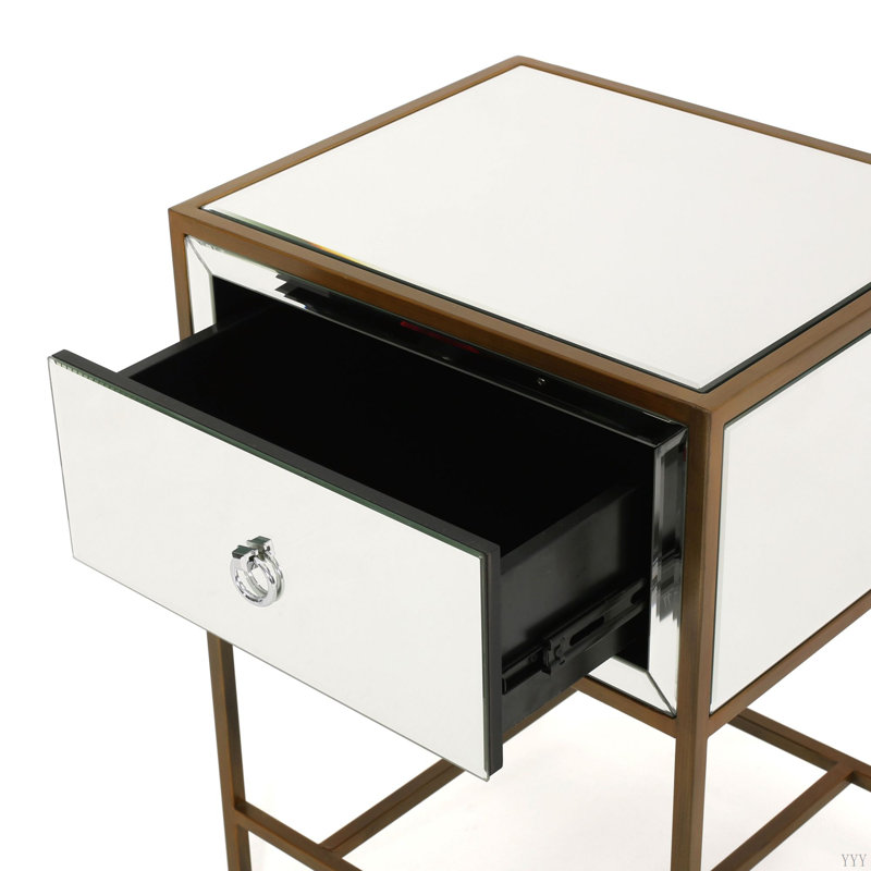 Table de chevet blanche à miroir avec 1 tiroir, petite table de bout avec rangement, table de chevet moderne avec structure en métal pour petit espace, chambre à coucher et salon, blanc, L 18,90 po x l 15,75 po x H 26,40 po