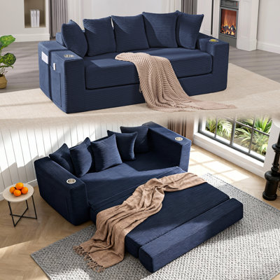  Canapé-lit convertible de 76 po, canapé-lit 2 en 1 avec porte-gobelet et pochette, canapé-lit en velours côtelé avec 5 coussins, canapé-lit pour le salon, petits espaces, chambre à coucher, sans assemblage, bleu
