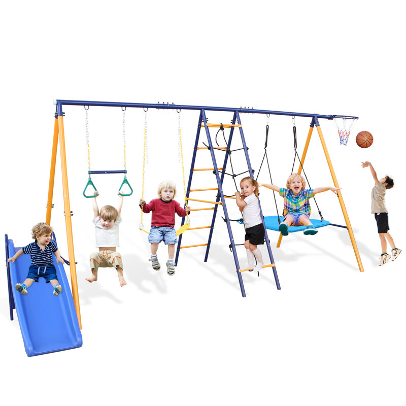 Portique de balançoire en métal robuste avec glissière, 2 sièges de balançoire, 1 filet d'escalade et échelle, 1 anneau de gymnastique, 1 panier de 500 lb 7 en 1 pour enfants