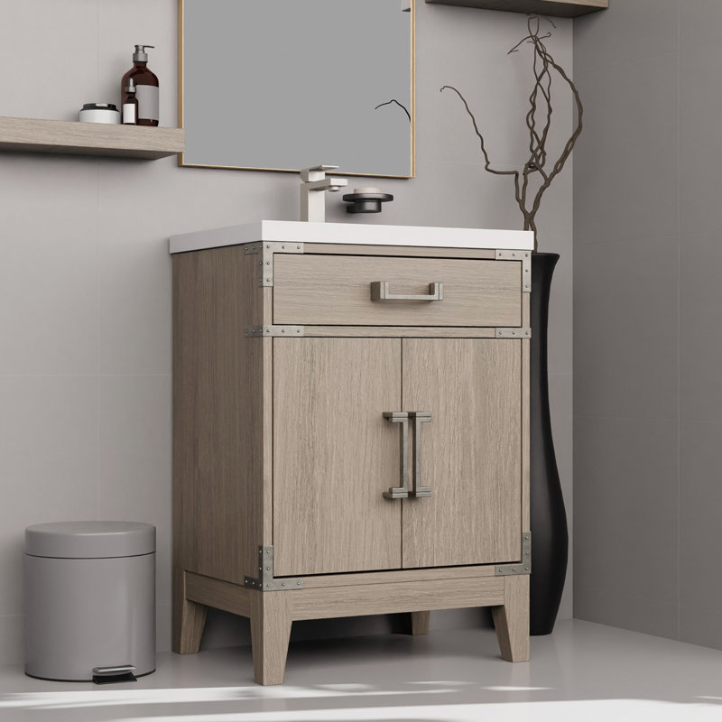 Meuble-lavabo gris 24 po x 18 po avec comptoir en acrylique scellé, robinet, 24 po Miroir l 24 po x P 18 po, Gris