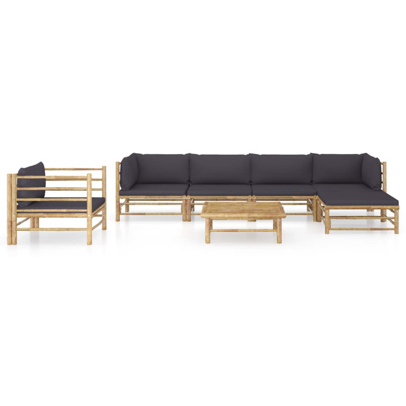 Ensemble de patio 6 pièces avec coussins Koehn, 2 Corner + 2 Middle + Armchair + Footrest + Table, Gris foncé