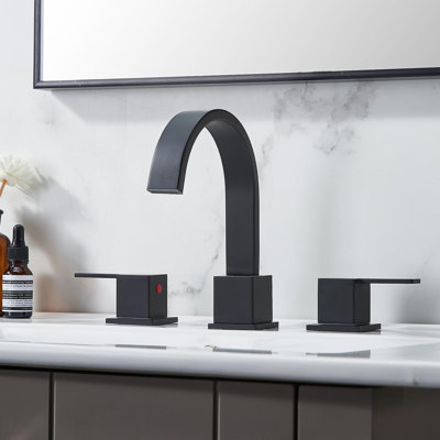 Black Bathroom Faucet 3 Hole, 8 Inch Widespread Matte Black Waterfall Bathroom Sink Faucet, 2 Handle Lavatory Vanity Faucet For Bathroom Sink With Pop Up Drain & Supply Hoses