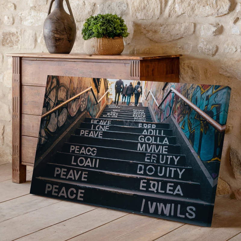 Toile, un escalier peu éclairé avec une balustrade en bois légèrement usée menant vers le haut dans une douce lueur au sommet