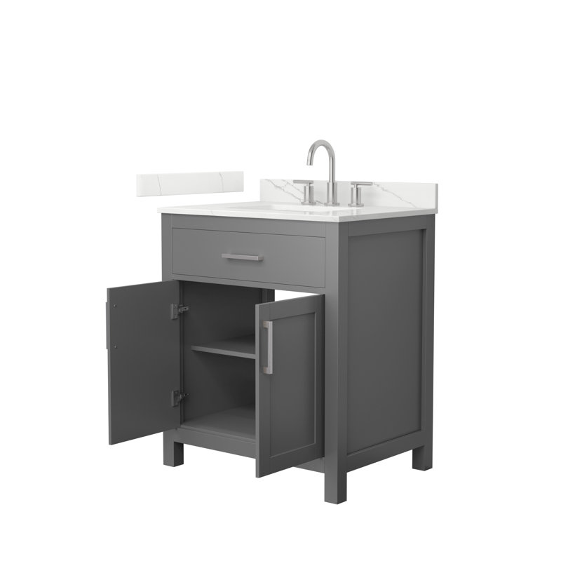 Meuble-lavabo simple autoportant 30 po avec plateau en quartz Beckett, Gris foncé, Nickel brossé, Quartz Giotto
