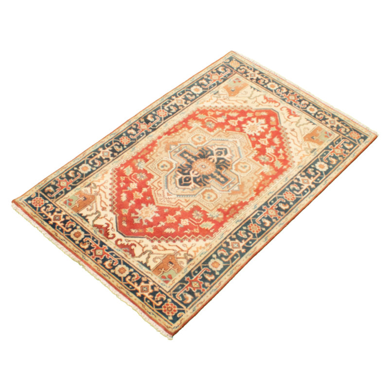 Tapis décoratif en laine noué à la main de conception unique 3 pi 11 po x 6 pi 1 po « New Age » rouge/vert/brun clair
