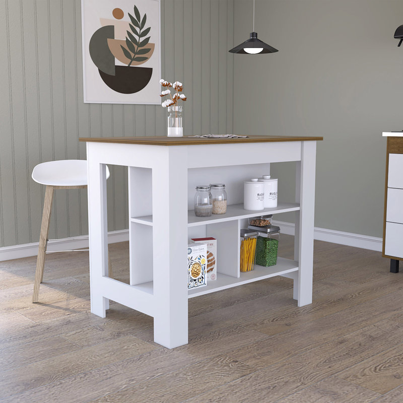 Îlot de cuisine, quatre pieds, trois tablettes, Blanc, Brun