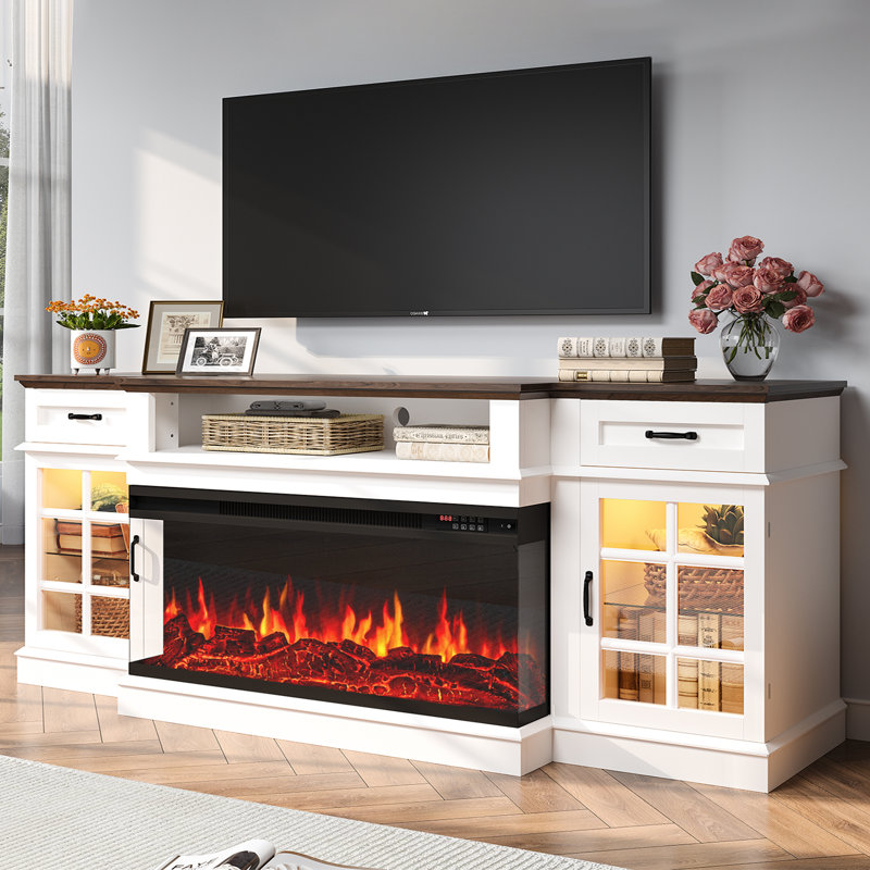 80" Farmhouse TV Stand With 36" 3-Sided Electric Fireplace for TVs up to 90", 2 Drawer and Adjustable Shelf Entertainment Center