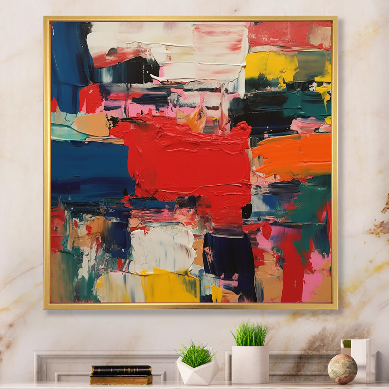 Rouge, bleu, cubiste, fusion, H 30 po x l 30 po, Encadrement doré
