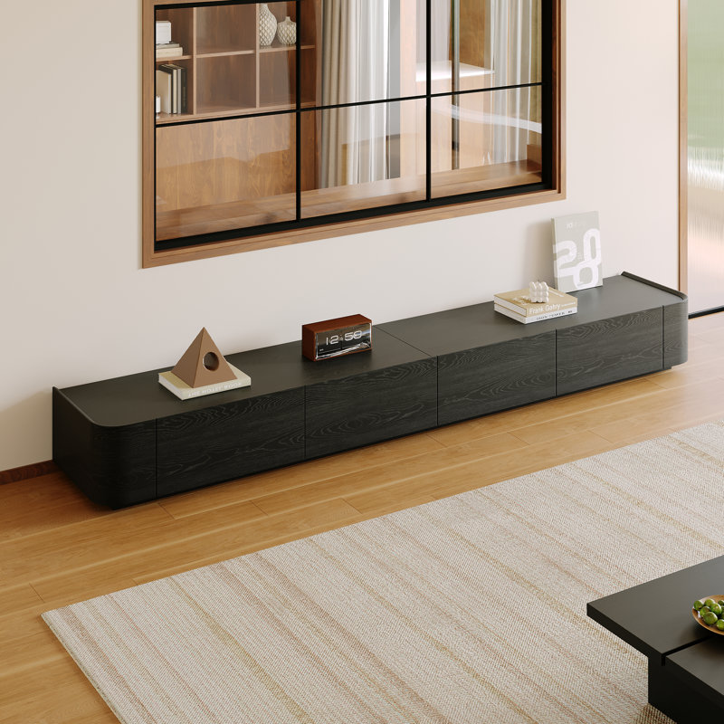 Meuble télé 94,5 po moderne en bois noir minimaliste, console multimédia longue avec profilés de rangement spacieux, centre de divertissement contemporain pour salon, appartement et chambre à coucher, convient aux téléviseurs de 75 po et plus
