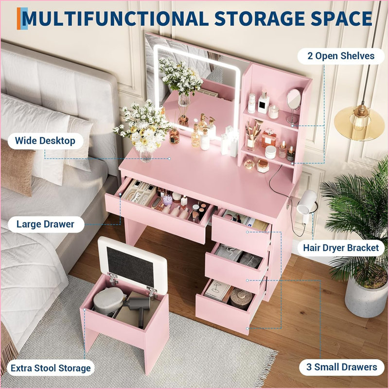 Dressing Table with Mirror, Pink