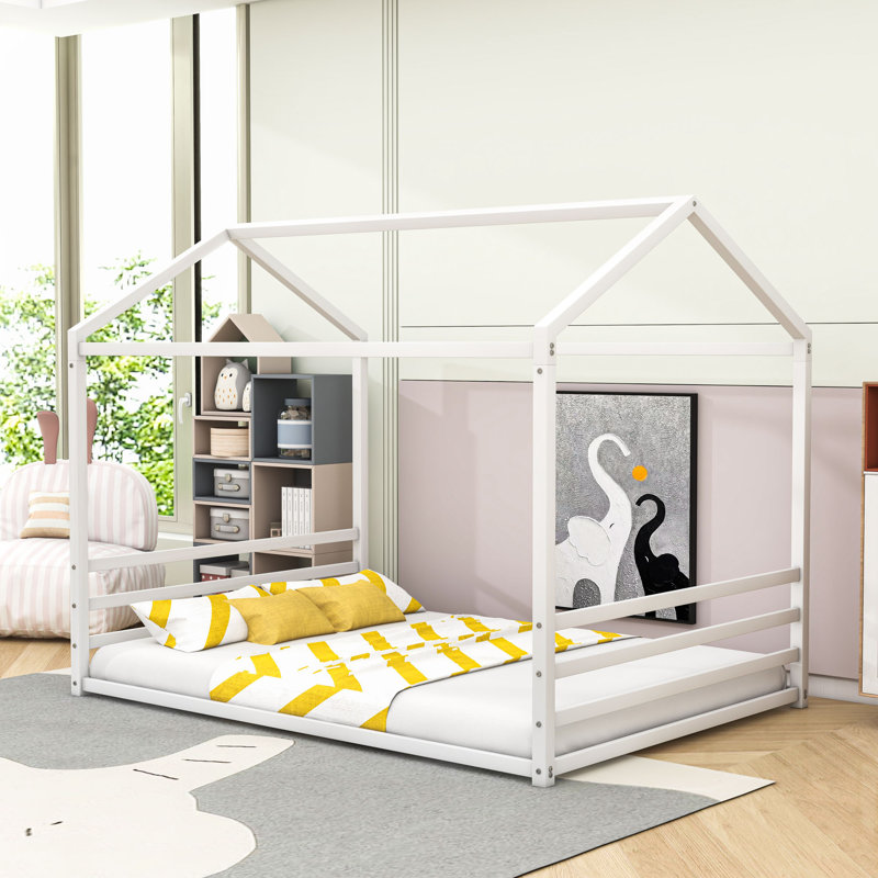 Metal House Shaped Bed With Guardrails, Twin, White