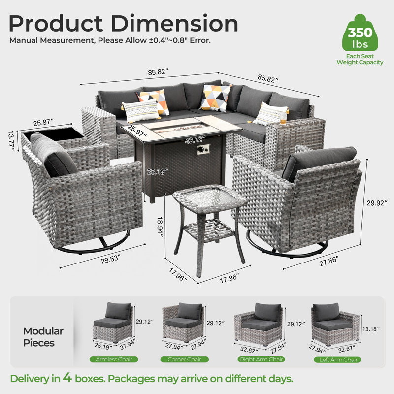Ensemble de conversation modulaire en osier / rotin pour 7 personnes avec chaises pivotantes Baili, ensemble de conversation modulaire moderne avec coussins