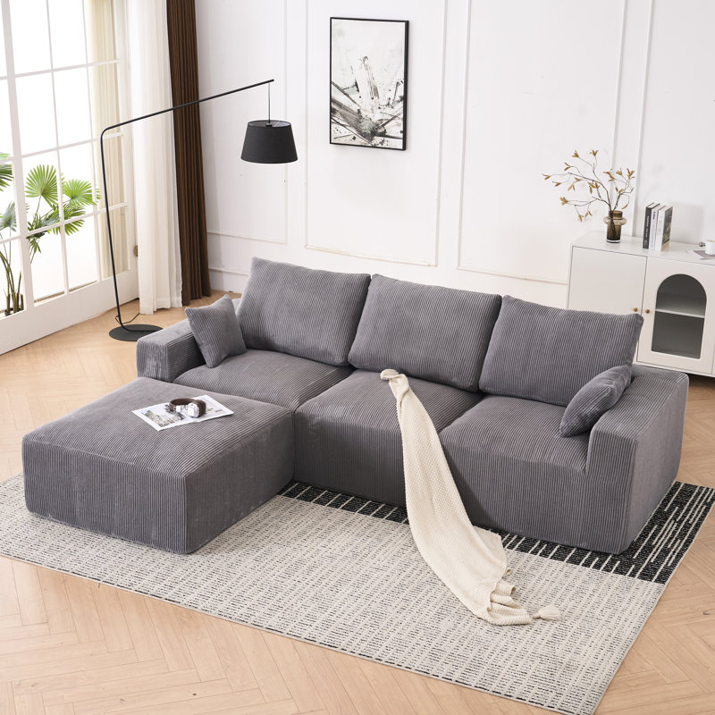 Canapé modulaire rembourré à compression en U de 113 po pour salon, sans assemblage, mousse complète, 6 sièges, canapé-lit avec quatre coussins de dossier et six coussins décoratifs en velours côtelé gris