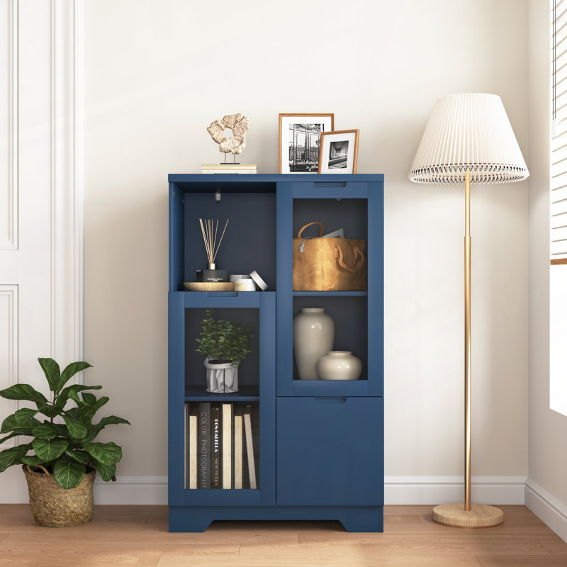 MDF painted Cabinet with Glass Doors and drawer, open storage space, Navy Blue ,Bedroom, Living room, Blue