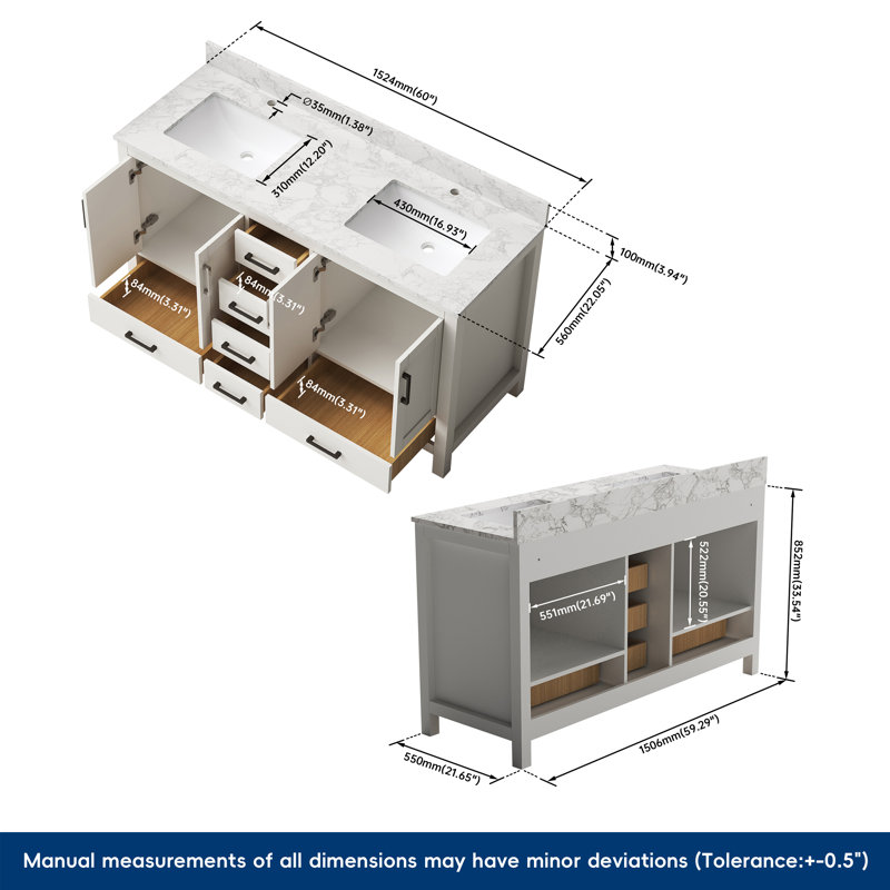 Meuble-lavabo double 60 po avec plateau en granite blanc Riverford