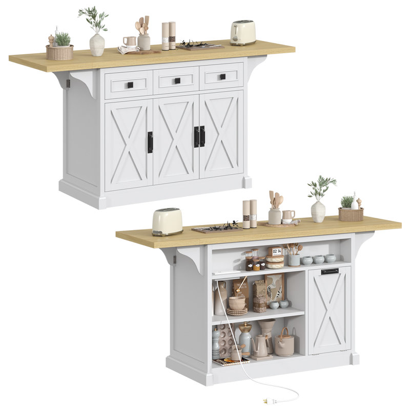 71.3" Large Kitchen Island with Drop Leaf, Power Outlet, Kitchen Rolling Island Cart w/ 3 , Island Table with Trash Storage Cabinet & 3 Large Storage Rack, Spice Rack, White