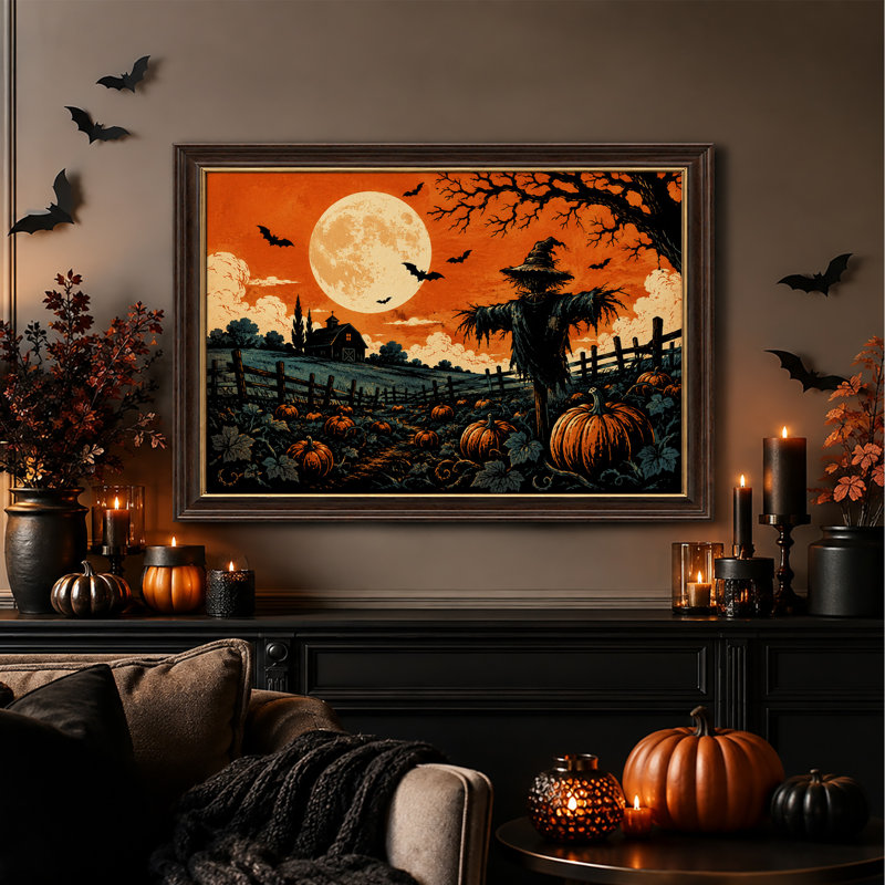 Tableau sur toile représentant un champ de citrouilles orange avec épouvantail et pleine lune pour l'Halloween