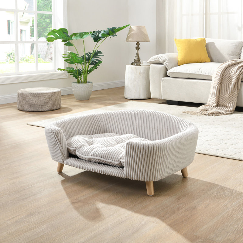 Petit lit pour chien avec conception surélevée, velours côtelé beige, pieds en bois d'hévéa, mousse de soutien, conception moderne pour les chiens en velours côtelé convenant aux appartements et aux maisons