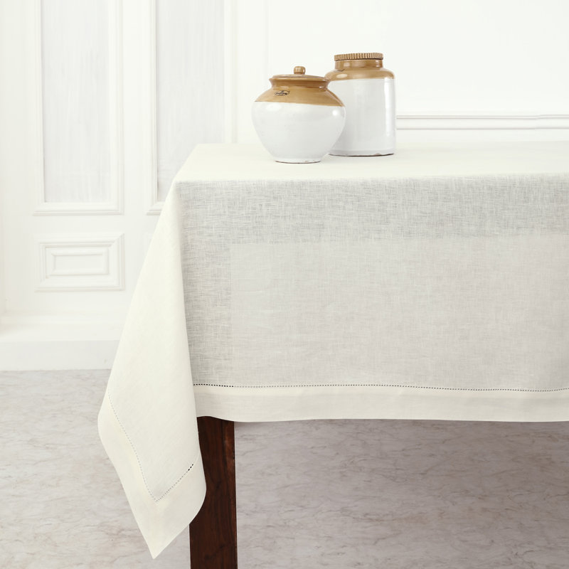 Ivory Linen Hemstitch Tablecloth, 60 x 90 Inch
