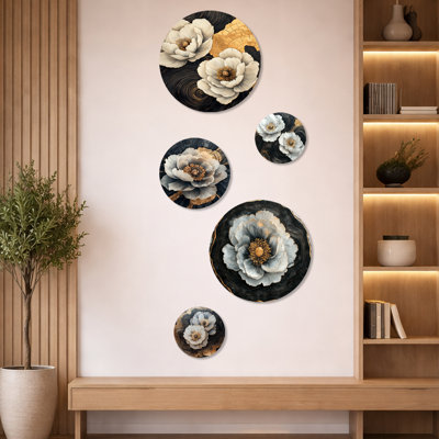 Abstract Golden Peonies On Dark Wood Slide VI - Peonies Decorative Metal Wall Decor Set of 5