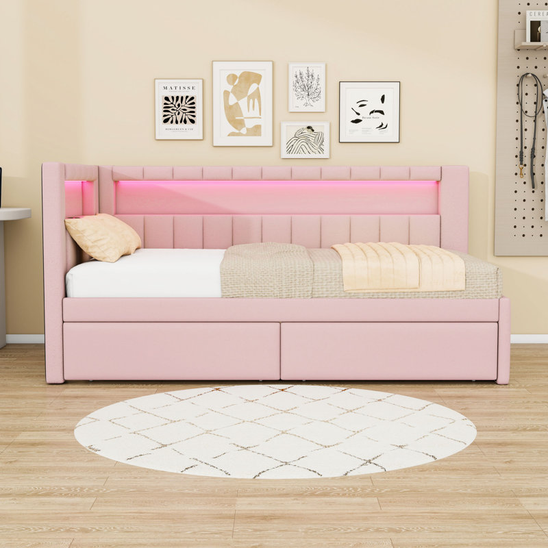 Twin Wooden Upholstered Daybed Bed with Storage Drawers, LED Lights and USB Ports, Pink