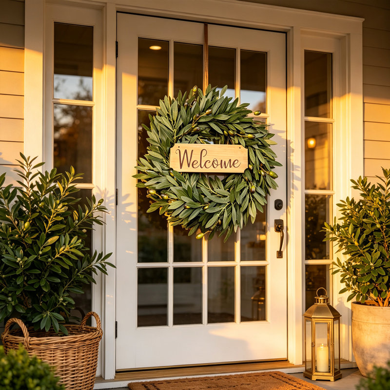 22 Inch Artificial Olive Wreath for Front Door, Faux Olive Leaf Wreath with Olive Berries & Welcome Wooden Sign, Farmhouse All Season Green Wreath for Porch Wall Window Indoor Outdoor Home Decor