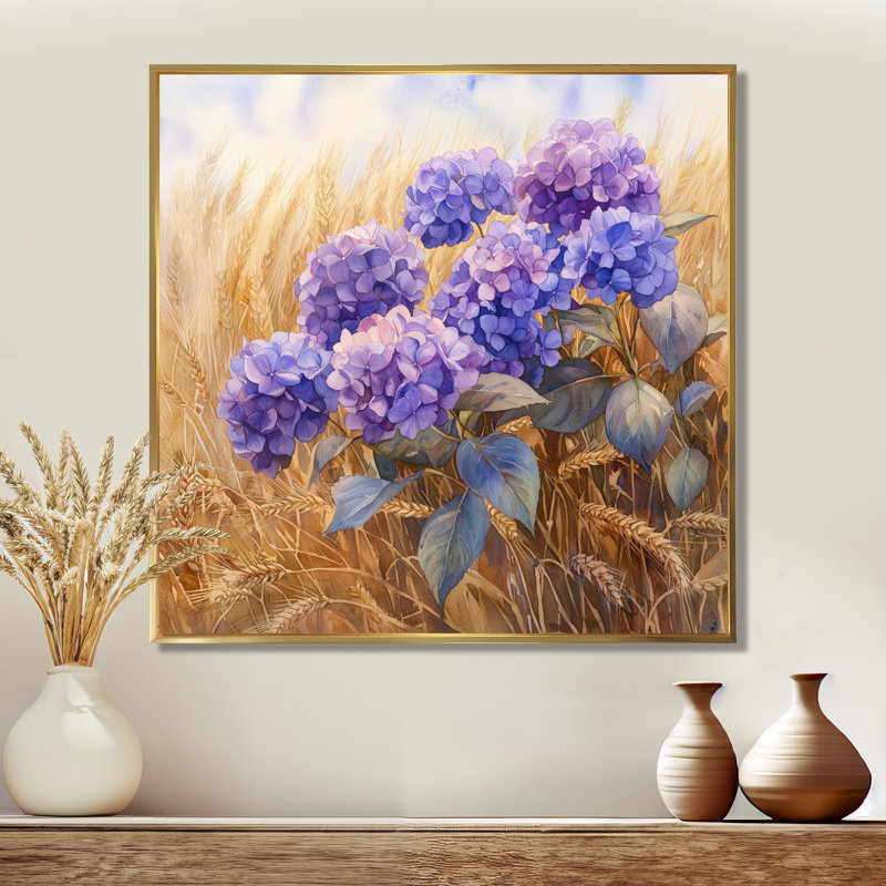 Hortensias dans le champ de blé - art mural hortensias, Impression encadrée flottante, H 16 po x l 16 po, Doré