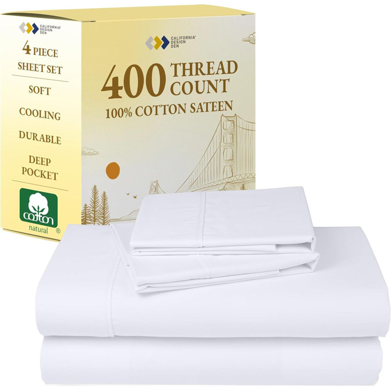 Natural 100% Cotton Sheets Queen Size Bed Set - Soft 400 Thread Count Sateen, Queen Sheets, Deep Pockets With All Around Elastic For A Snug Fit, Cool & Durable Bedding