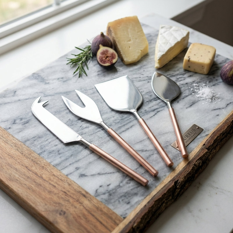 4 Piece Stoneware Wood Stainless Steel Cheese Serving Set