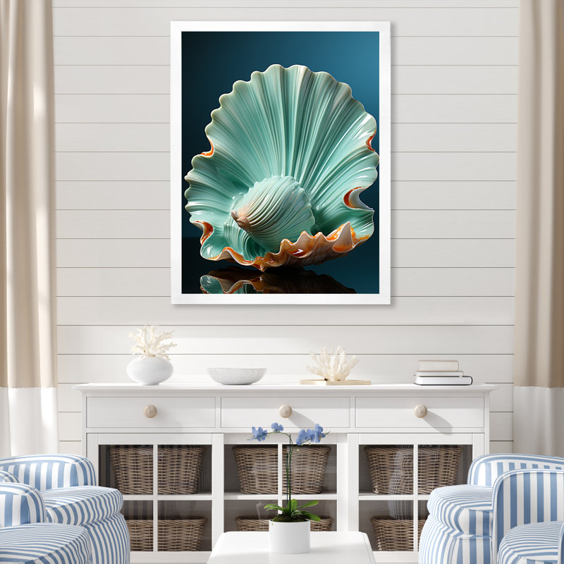 Décoration murale palourde verte «Ocean Treasures I», Cadre simple blanc, H 32 po x l 24 po x P 1 po