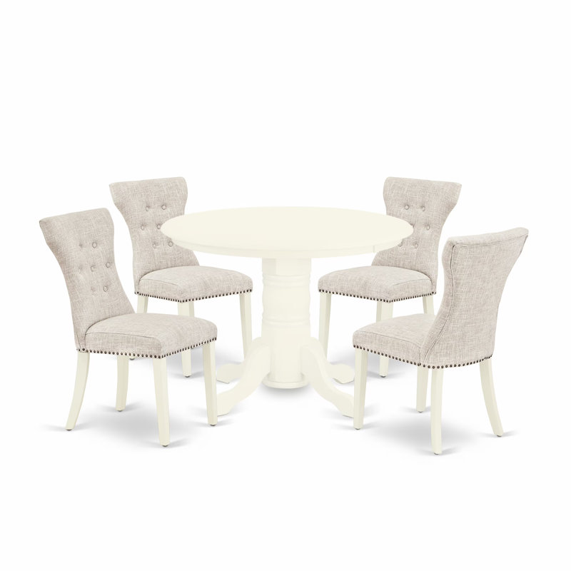 5 Piece Dining Room Table Set Includes a Round Wooden Table with Pedestal and 4 Doeskin Linen Fabric Upholstered Parson Chairs, Linen White