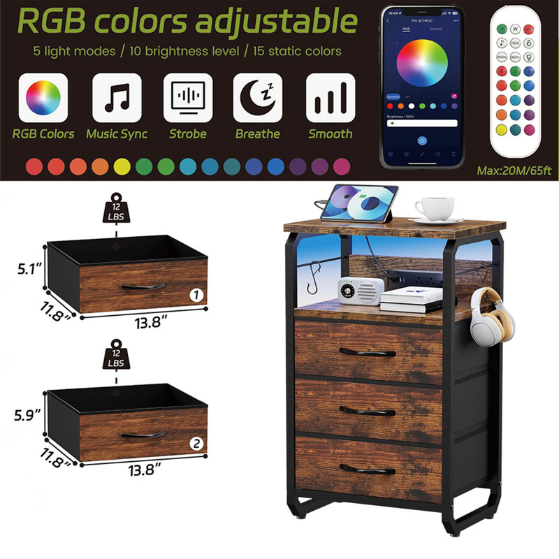 Multifunctional LED Nightstand With Charging Station & Storage, Brown/Black