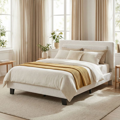 Full Bed Frame Upholstered Cloud Bed with Adjustable Headboard, No Box Spring Needed, Beige