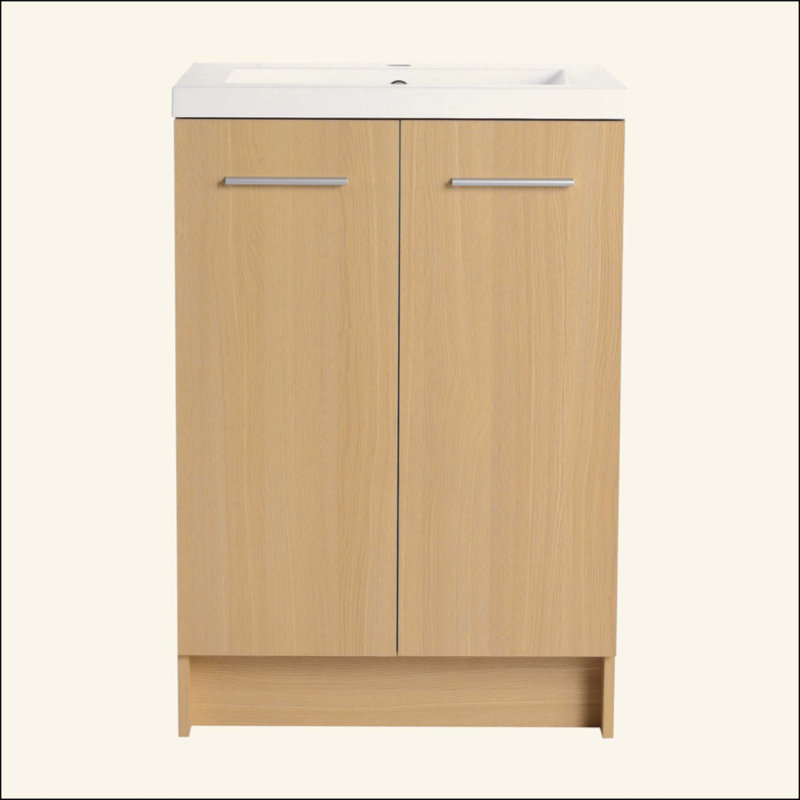 Meuble-lavabo autoportant avec lavabo en résine, rangement à double porte, KD (prêt à assembler), avec poignées en aluminium noir et brossé