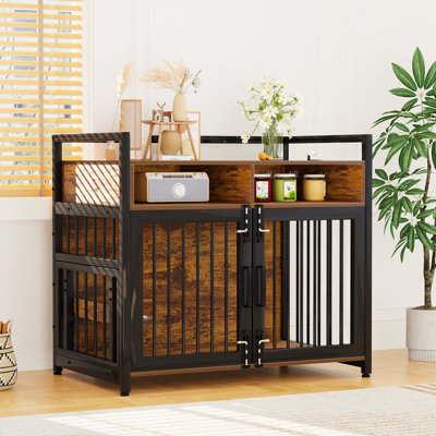 Très grand mobilier de cage pour chien - chenil d'intérieur en bois et en métal robuste de 48 pouces avec 2 tiroirs, portes doubles verrouillables, mangeoire surélevée rotative à 360 °, cage de style table de bout pour 1 grande ou 2