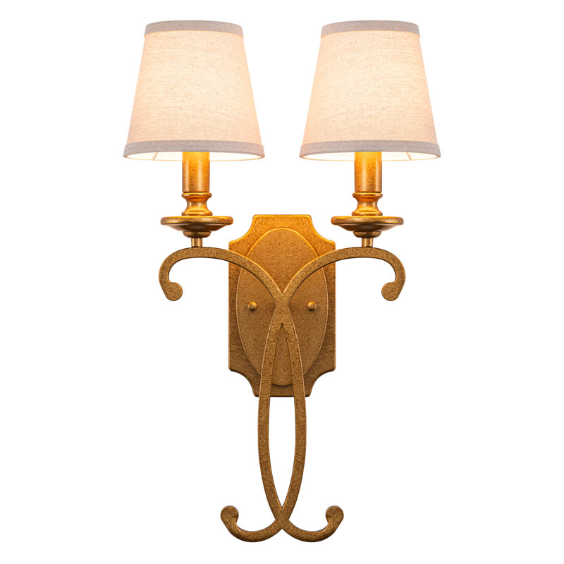Vintage Gold Seale 2-Light French Country Candle Style Wall Light With Linen Shades Antique Brass Iron Wall Lamp For Living Room Bedroom Hallway ETL UL Listed