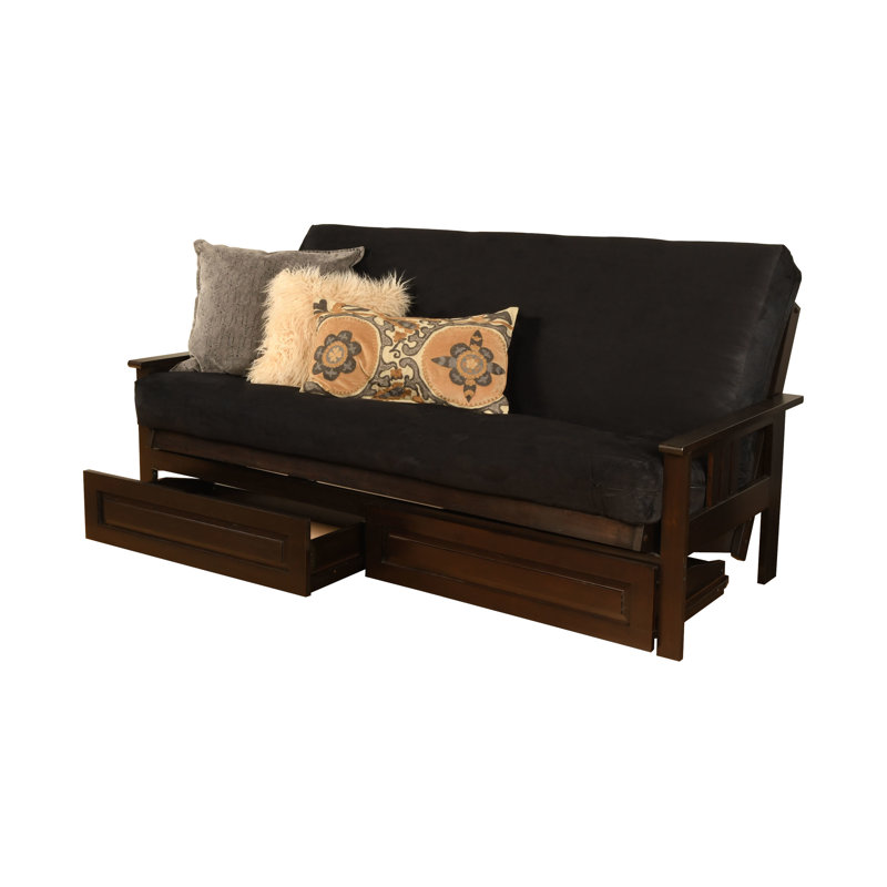Stratford Full 79" Futon Frame and Mattress with Drawer Set, Black Microsuede, Antique White