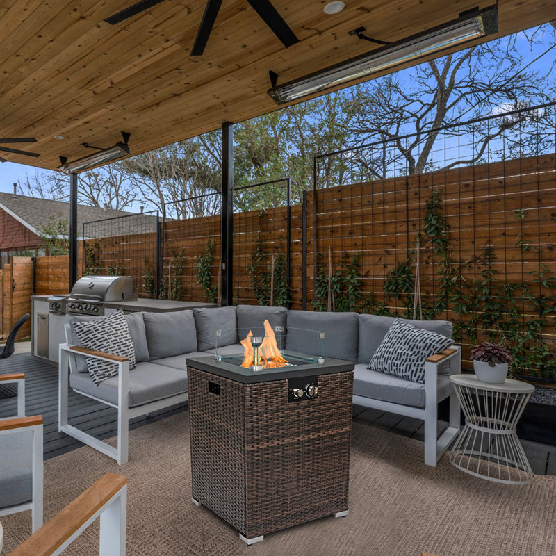 Wicker Fire Pit Column With Glass Wind Guard