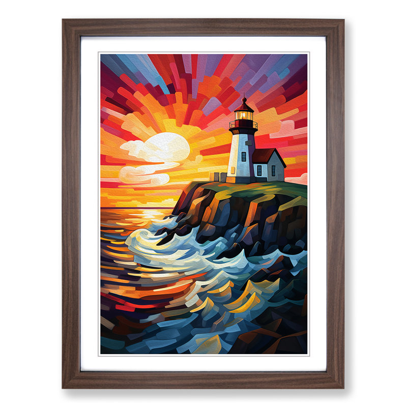 XYZ-FRM-V1223-4188 Lighthouse Cubism - Single Picture Frame Print on Wood, Walnut, 46cm H x 34cm W x 2cm D