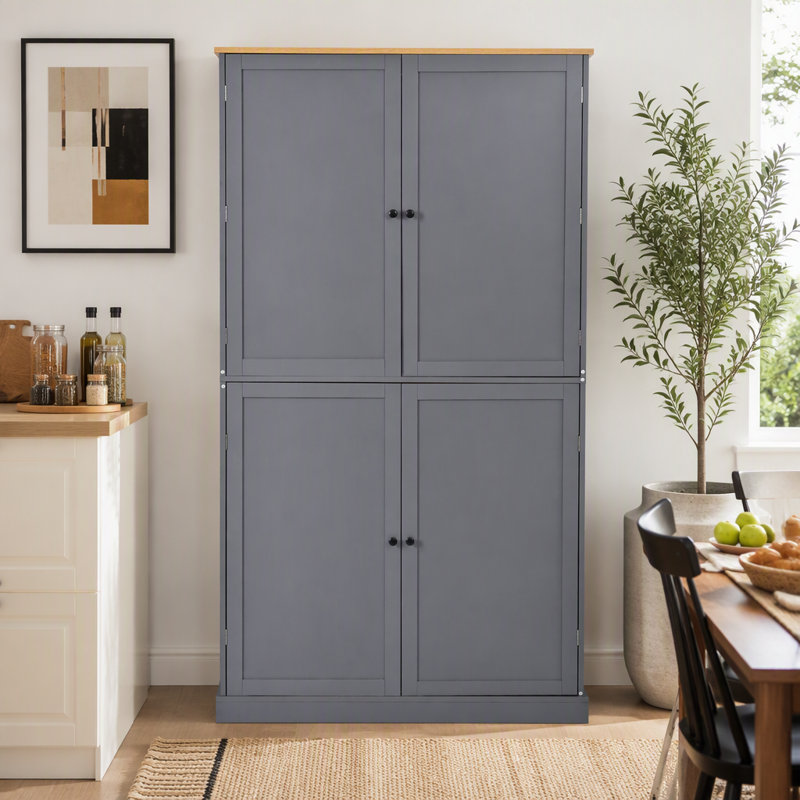 Armoire de cuisine autoportante haute avec 2 tiroirs, 2 tablettes réglables et 8 portes, idéale pour la cuisine et la salle à manger.