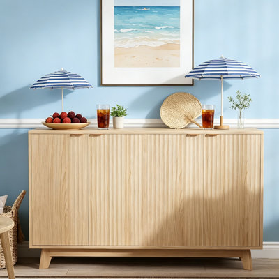 Sideboard Buffet Cabinet with Storage, Modern Fluted Accent Credenza with Doors & Adjustable Shelves, 55.1 in Wood Coffee Bar Console Table for Living Room, Dining Room, Kitchen, Entryway.
