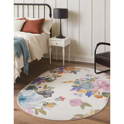 Tapis à motif floral vert / mauve / bleu / ivoire / gris / orange Aludra