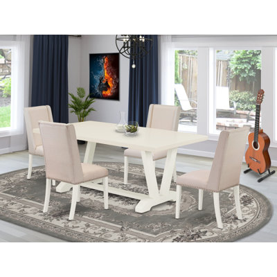 L'ensemble de table de salle à manger 5 pièces comprend une table en bois et 4 chaises de cuisine en lin crème avec dossier haut - Lin brossé blanc.