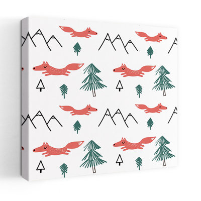 Cute Fox Mountains Playful Abstract Pine Tree Fox Forest Landscape Wall Art Print