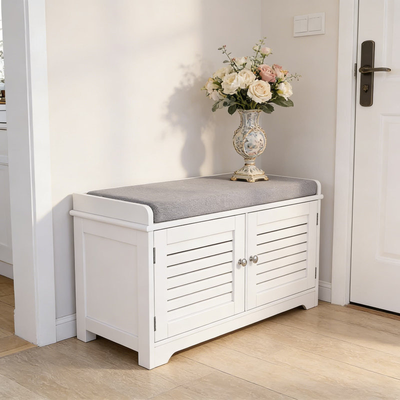 Banc de rangement pour chaussures avec siège rembourré et armoire à 2 portes - Organisateur de chaussures et banc de rangement pour chaussures