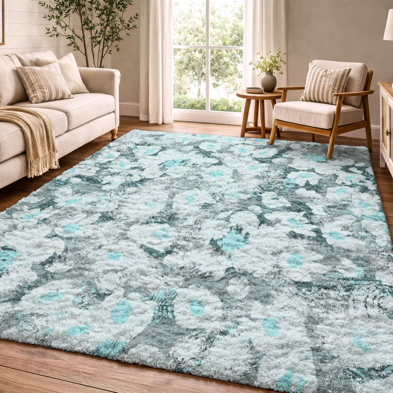 Tapis floral à poil long de qualité supérieure lavable à la machine ADS538, Teal, 10 pi x 14 pi