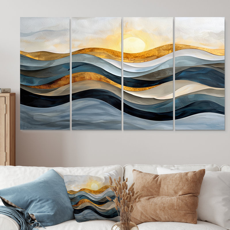 «Yellow Gray Bold Mountains Landscape At Sunset II», ensemble d'art abstrait sur toile, H 28 po x l 48 po