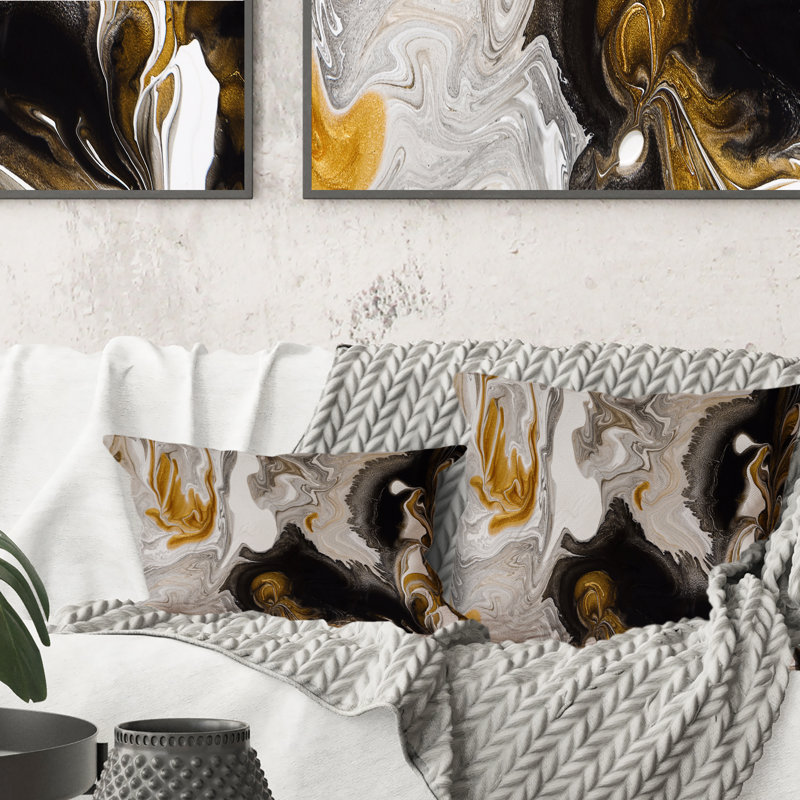 Coussin décoratif doré et noir Marble Waves II, 16 po x 16 po